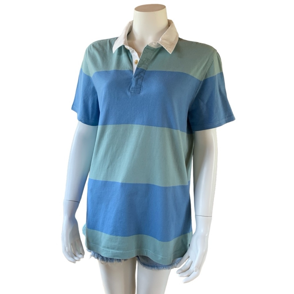 Sonoma Striped Rugby Shirt Medium Blue Green Cotton Short Sleeve